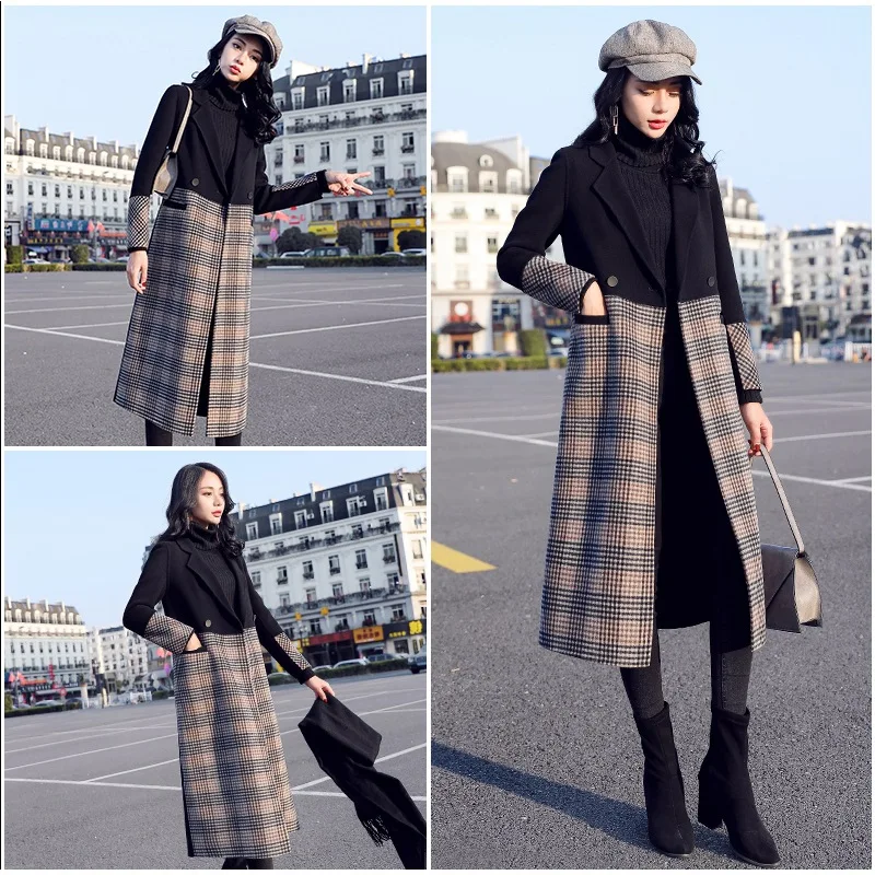 

2021 Fashion New women's autumn and winter big yards long section woolen jacket plaid hit the color stitching woolen coat