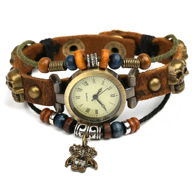 

Fashion Leather Bracelet Watch simple Retro Leather Bracelet Watch two hand flower pendant jewelry women watches