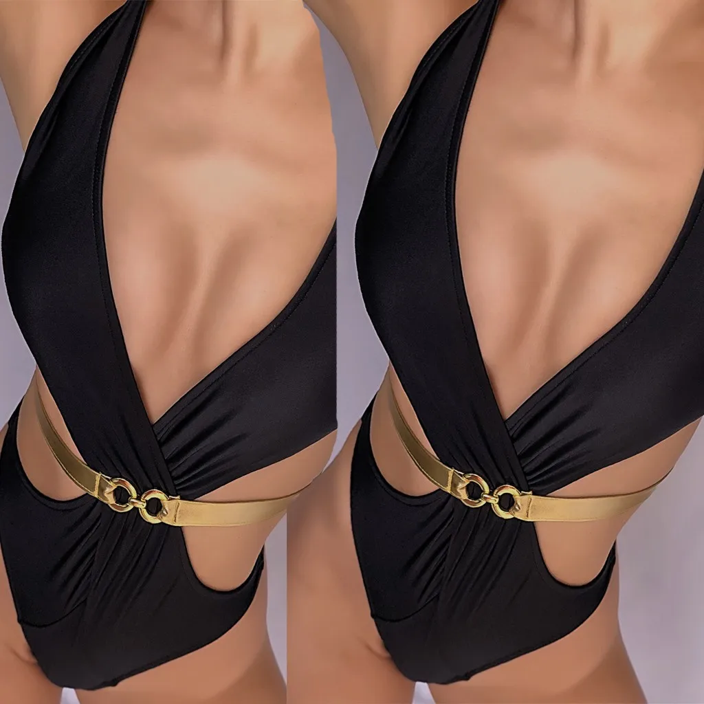 

Solid metal buckle strap neck One Piece Bikini black summer bikini women's swimsuit Push Up Bikini2021Dziewczyna w kostiumach
