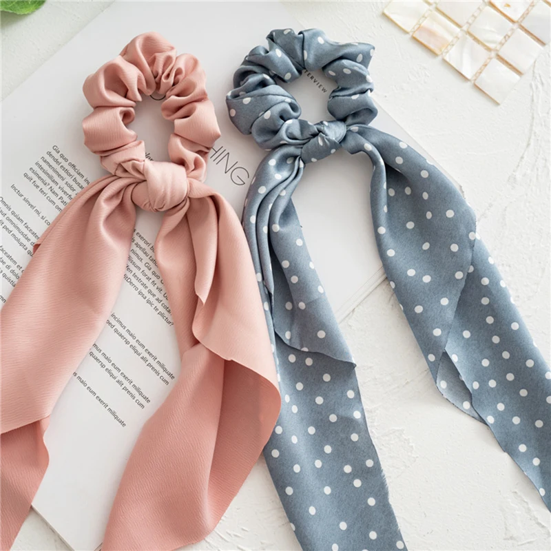 

Vintage Polka Solid Dot Ponytail Scrunchies Women Girls Bright Solid Color Chiffon Hair Rope Ribbon Bow Headband Accessories