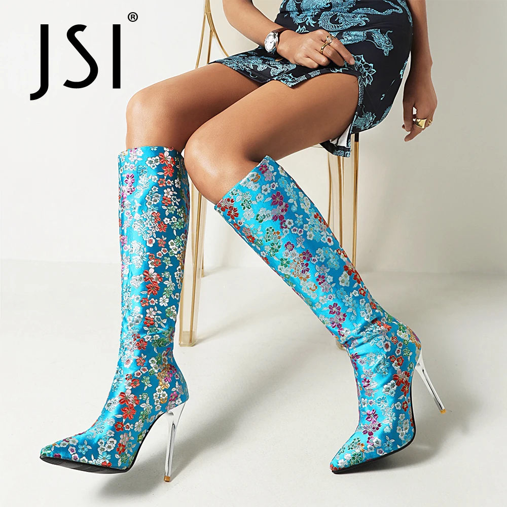 

JSI Women High Boots Sexy Thin Heels Plush Plus Size 34-43 Boots Pointed Toe Embroider Flower Nightclub Fashion Lady Shoes VO985