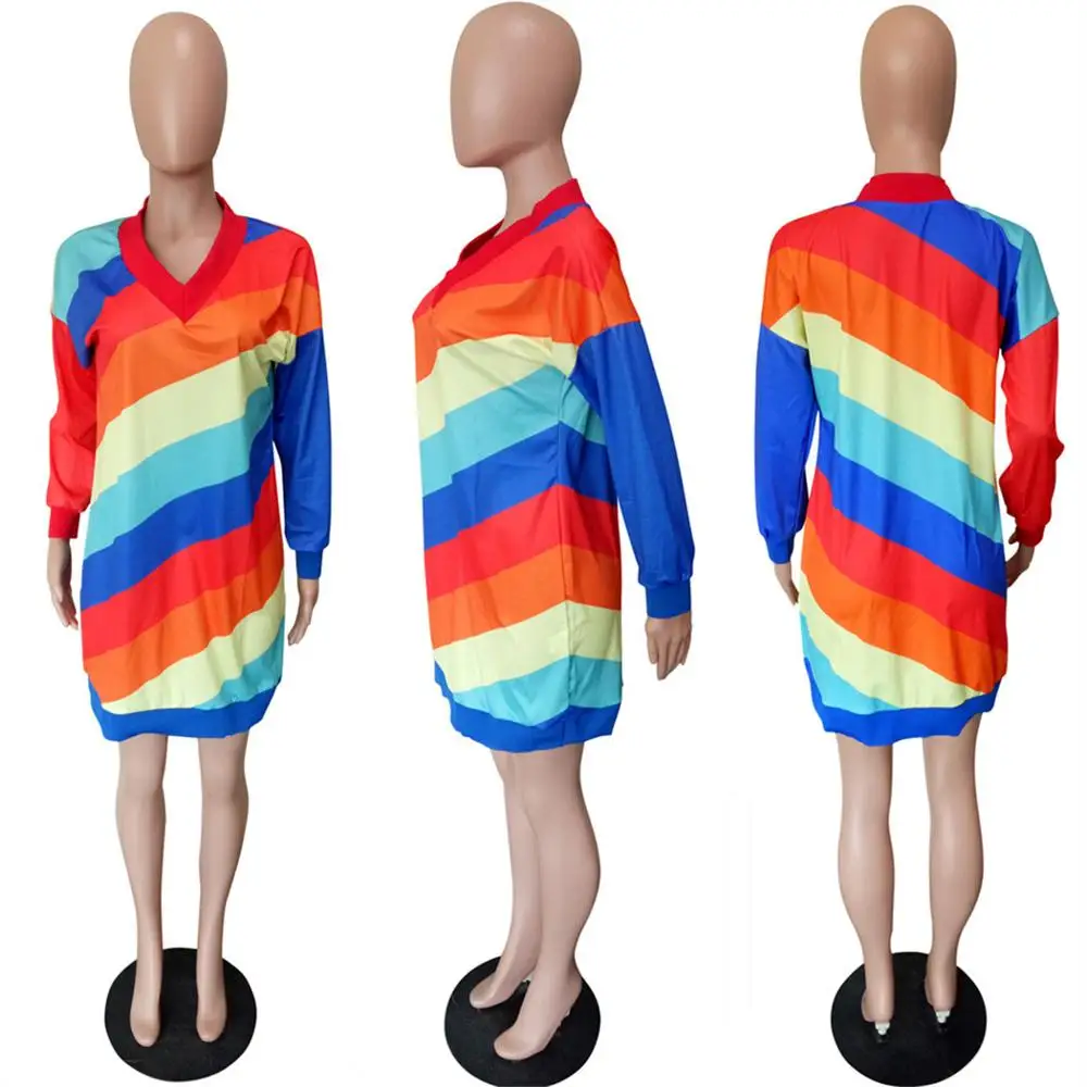 

Rainbow Striped Printing Women Loose Dress Casual Lady's V-neck Full Sleeve Knee-length DressES 2020 Autumn Hot Selling