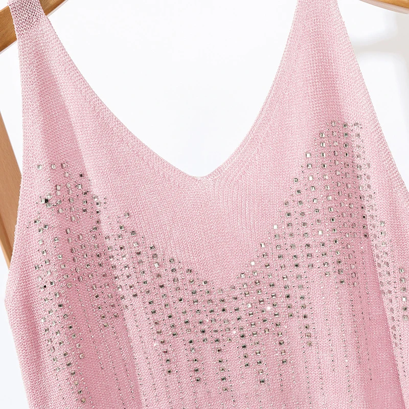 Summer Casual Solid Knitted Tank Tops Women 2020 New Hotfix Rhinestone Sleeveless Top | Женская одежда