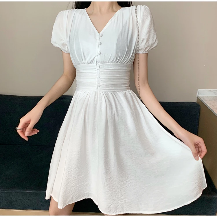 

2021 Summer Women Dress Yellow White V-Neck Short Sleeve Dress Retro Sweet A-line Dresses Loose Elegan Fashoin Vestidos