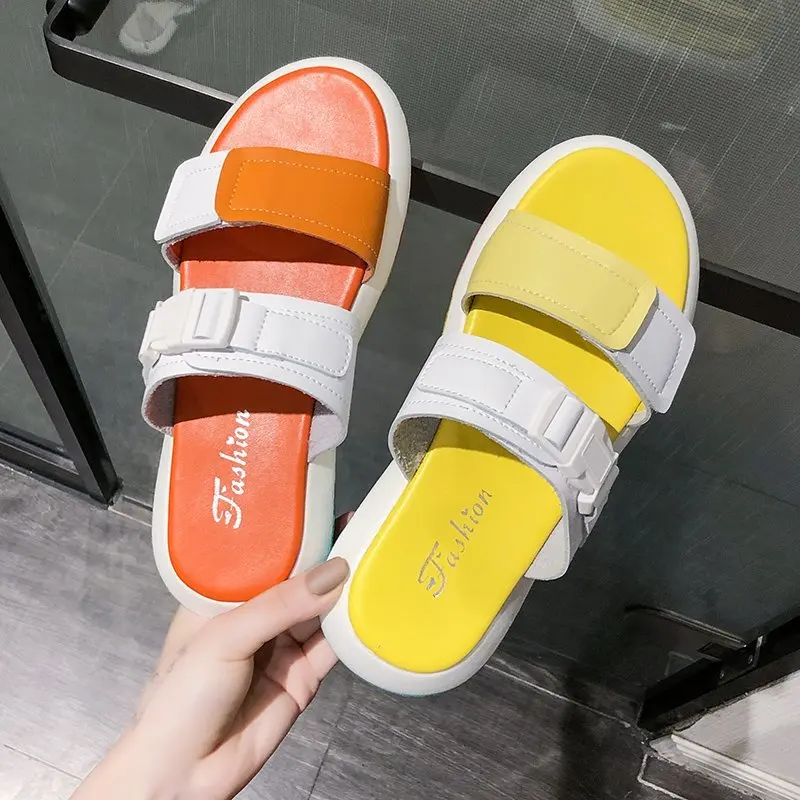 

Casual Buckle Flat with Sandals Women Soft Leather Slides Woman Dropshipping Fashion Mix Color Ladies Outdoor Beach Slippers