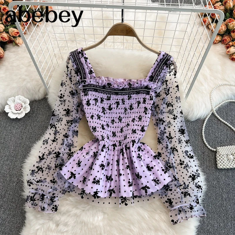 

2022 New Spring Autumn Sweet Square collar Long Sleeve Shirt Agaric edge Ruffles floral mesh patchwork pleated short Shirt Top