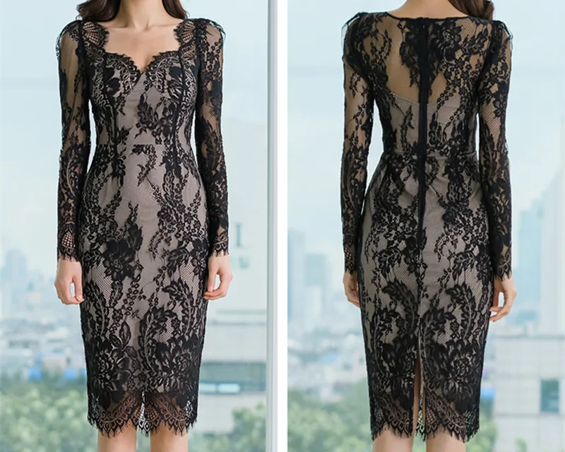 

BLLOCUE 2020 Spring New Female Korean Perspective Lace Dress Sexy V-neck Long-Sleeved Slim Bottoming Dress
