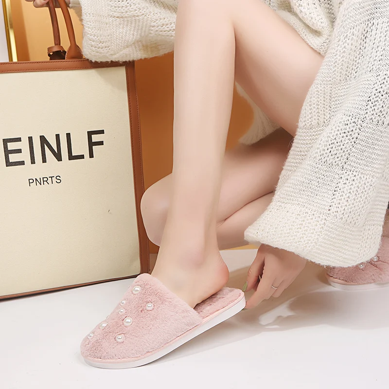 

Slippers Fluffy 2020 Winter Lovely Shoes Grey Pink Pearl Close Toe Female Household Indoor Winter Cotton Slippers