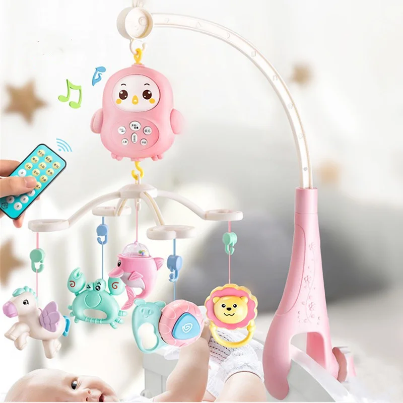 

Newborn baby bed bell Teether Rattles Rotating music box with Light Early education Puzzle toys infant sensory toy crib bell