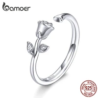 bamoer thorns and rose open adjustable finger rings for women 3d flower ring band 925 sterling silver korean jewelry bsr065