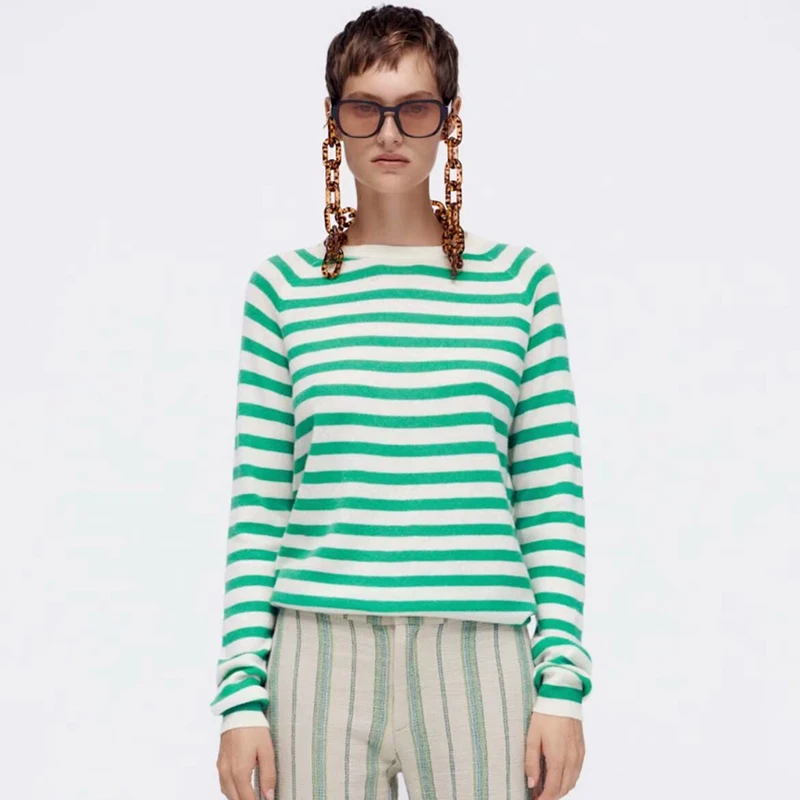 

Uniera 2021 Za Женская Ранняя осень Новая повседневная темно-синяя полосатая женская футболка двойного цвета с круглым вырезом