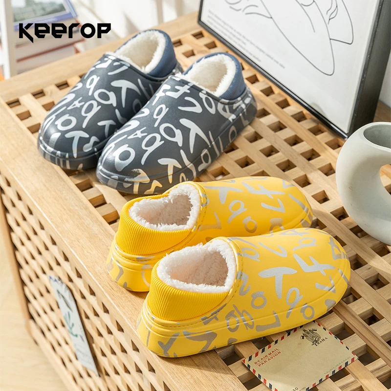 

KEEROP Waterproof Plush Slippers Women's Thick Bottom Non-slip Slippers High-quality Indoor Couples Warm Comfort Cotton Shoes