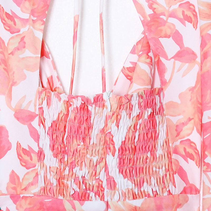 

XIZIHUPAN Elegant Hollow Out Print Dress For Women V Neck Puff Long Sleeve High Waist Lace Up Ruched Mini Dresses Female Summer