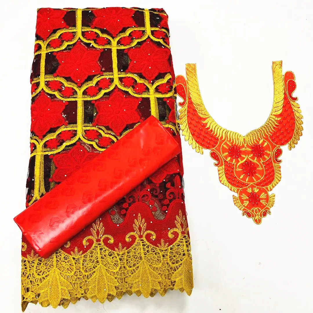 

African Fashion 2.5yards Bazin Riche Brocade Lace Fabrics with 2.5Yards French Tulle Lace Collars Set Sewing For Dress M1019-1