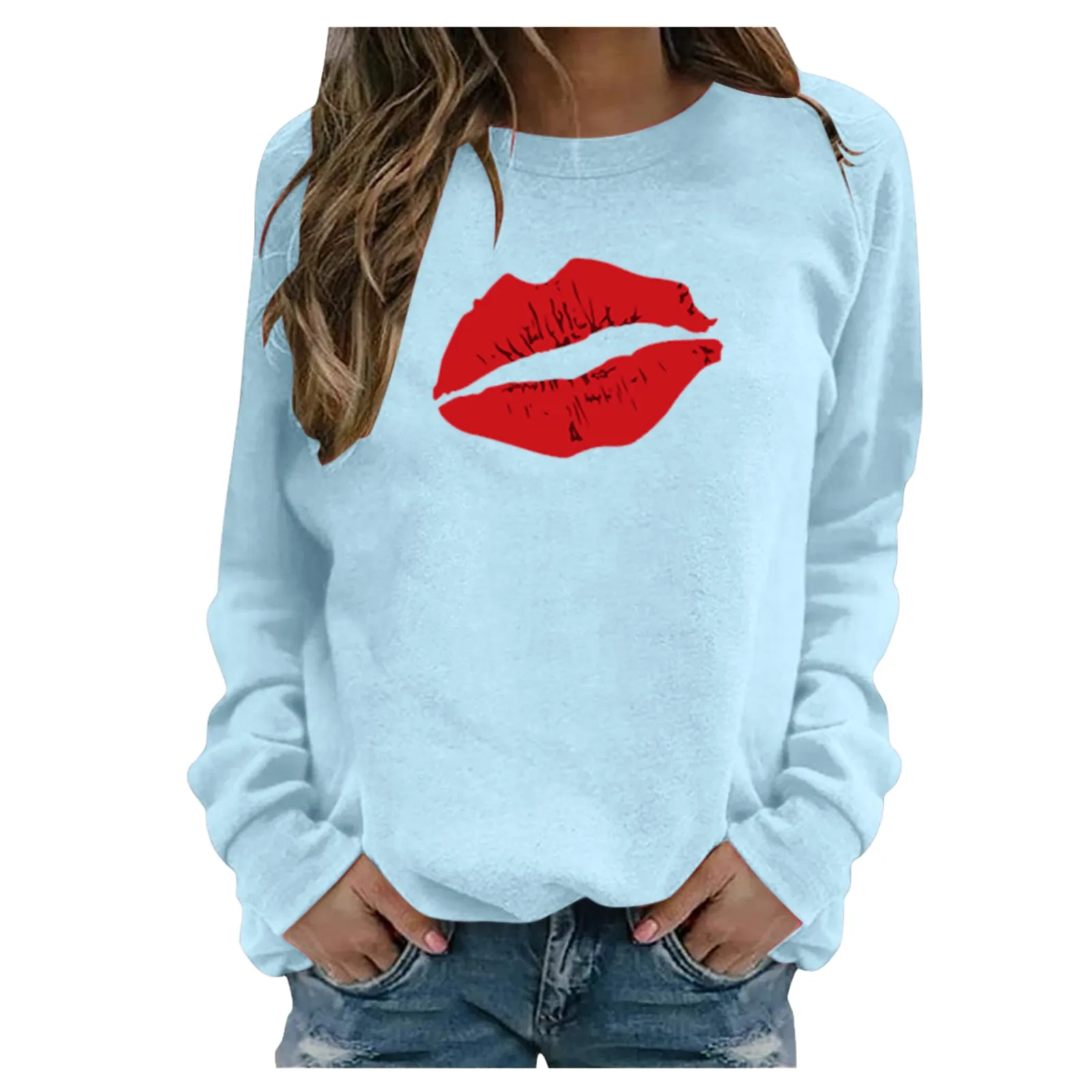 Blouse Women Plus Size Autumn Winter Casual Long Sleeve Red Lips Print Pullover Sweatshirt Tops Tee Hoodie O-neck Loose Harajuku