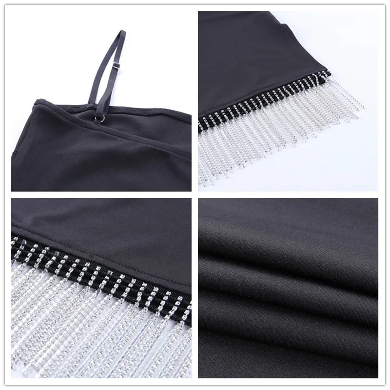 Женское платье с кисточками Fuedage черное облегающее на бретельках открытой спиной