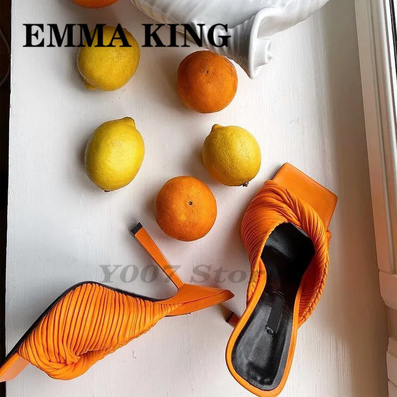 

2021 Summer Runway Pleated Nappa Mules Square Open Toe Slip-on style High Heel Slippers Beach Ourdoor Party Women Sandals Shoes