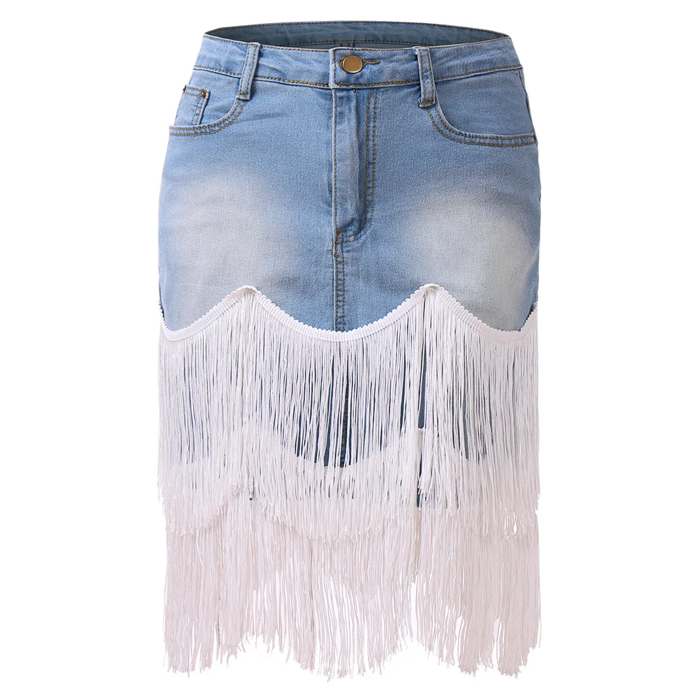 Летняя юбка карандаш Женская Повседневная Асимметричная джинсовая с кисточками
