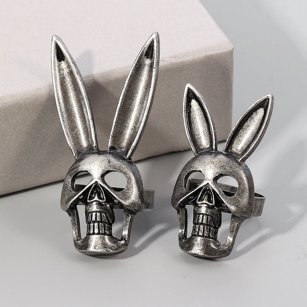 Кольцо мужское/женское регулируемое в готическом стиле с подвеской виде кролика