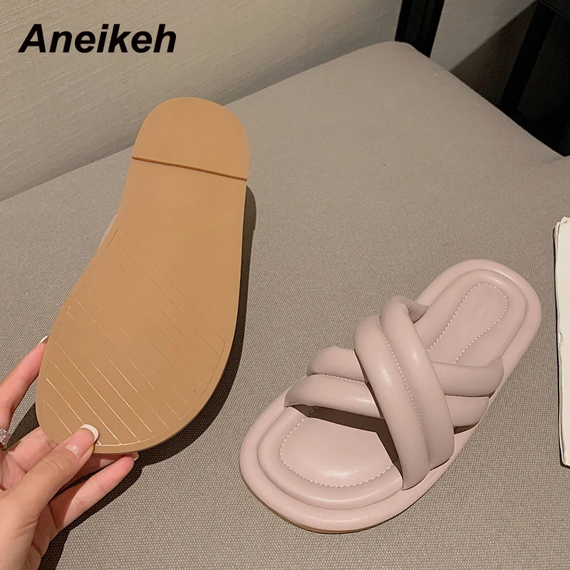 

Aneikeh 2021 NEW PU Mules Summer Shoes For Women Lndoor Flat With Slippers Head Peep Toe Fashion Ladies Slides Concise Shallow