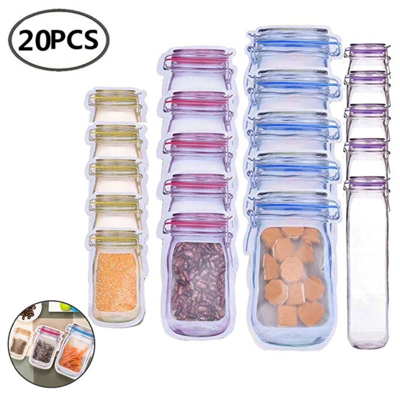 

100/60/20 Reusable Mason Jar Portable Zipper Bags Set Sealed Food Saver Storage Bags Nuts Candy Cookies Leakproof Ziplock Bags
