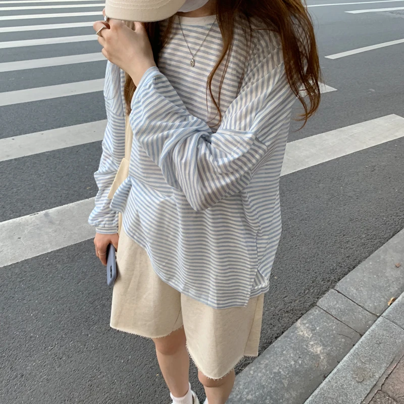 

Blue Stripe Long Sleeve Sunscreen Splited Oversized T Shirt+ High Waist Slim Wide Leg Cut Shorts Two Piece Set