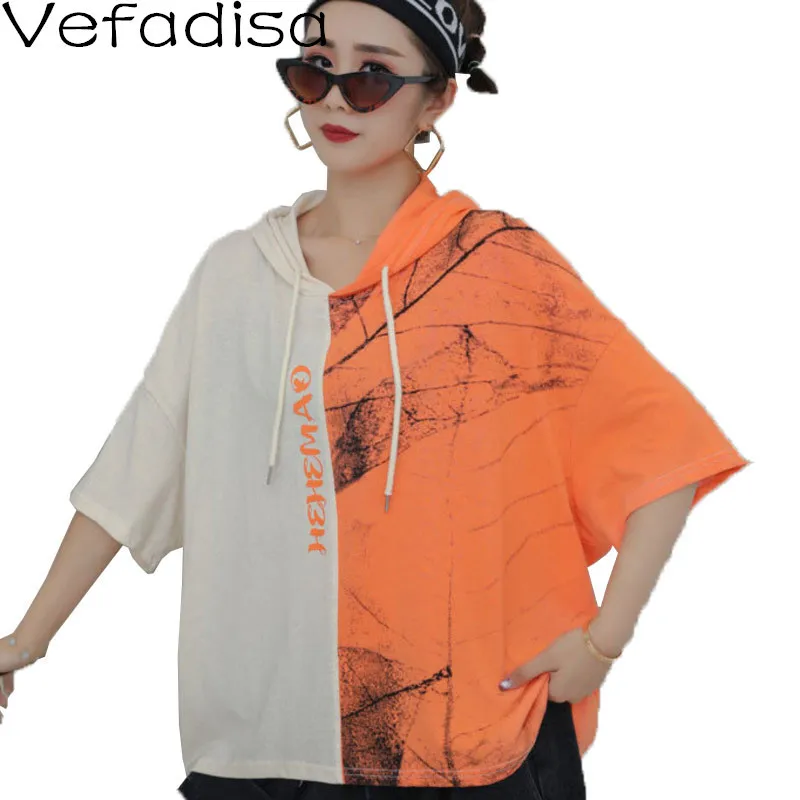 

Vefadisa Fashion Summer Patchwork Women T-shirt 2021 Stitching Color Female T-shirt Hooded Short Sleeve Top Plus Size QYF5525