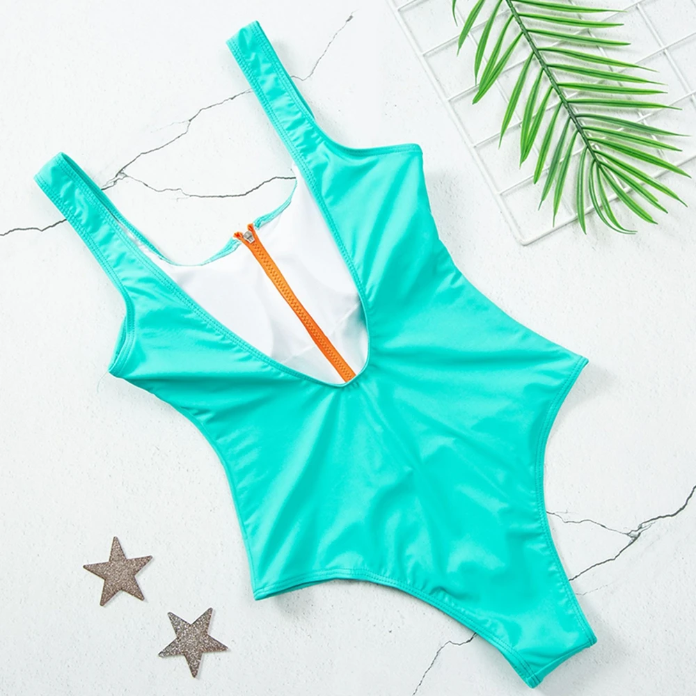 

2021 New Sexy Zipper One Piece Swimsuit Women Solid Swimwear Bodysuit Swimsuit Push Up Bathing Suit Summer Beachwear XL