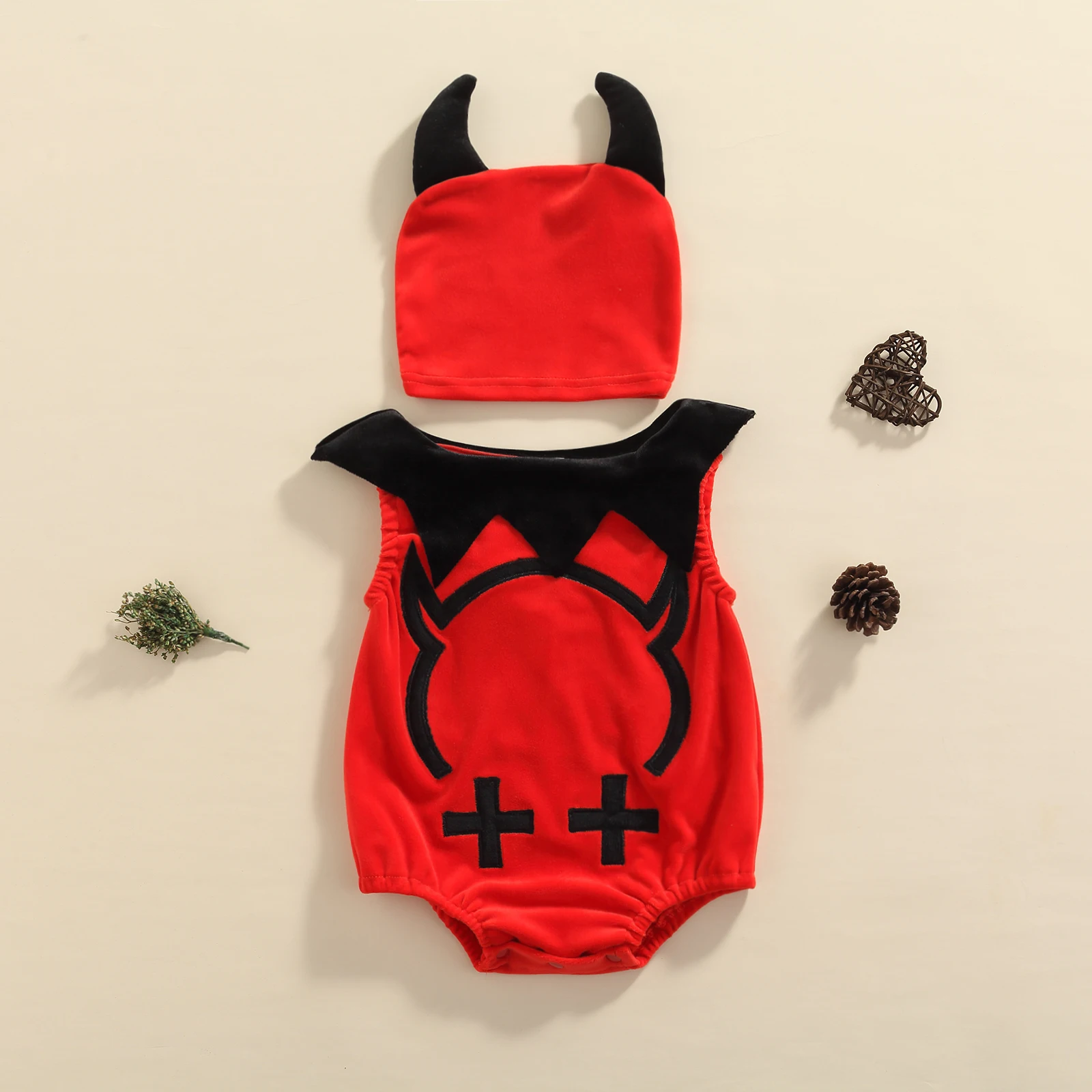 

2Pcs Baby Clothing Newborn Halloween Romper Printed Sleeveless Stitched Bodysuit Devil Hat Girls Boys Spring Fall Jumpsuit 0-24M