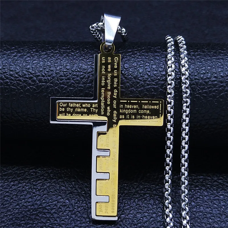 

2023 Stainless Steel Christian Scriptures Cross Pendant Necklace Women/Men Gold Color Chain Necklaces Jewelry collier NXH108S05