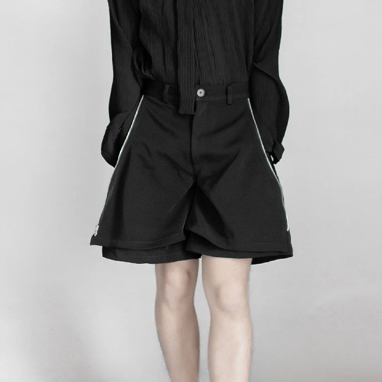 Мужские шорты на молнии с вышивкой широкими штанинами черные повседневные