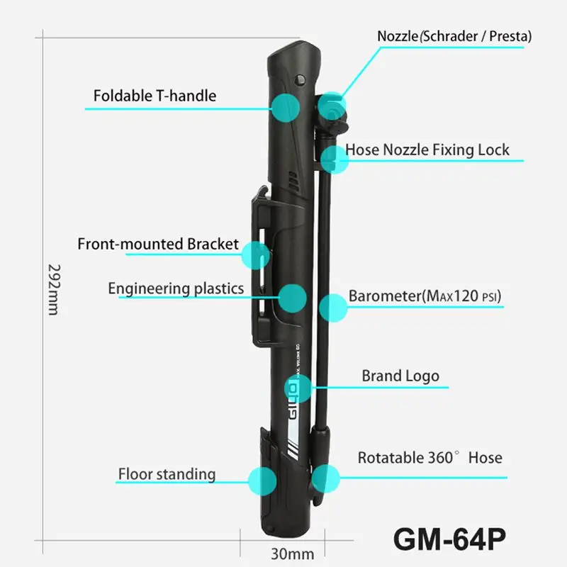 Насос Giyo 140psi для горных велосипедов ручной насос дорожных 120PSI Schrader Presta напольный