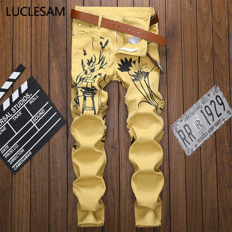 Mens Straight Printed Jeans 2020 Brand New Summer Designer Denim Pants Casual Streetwear for Men Ink Painted Hombre | Мужская одежда