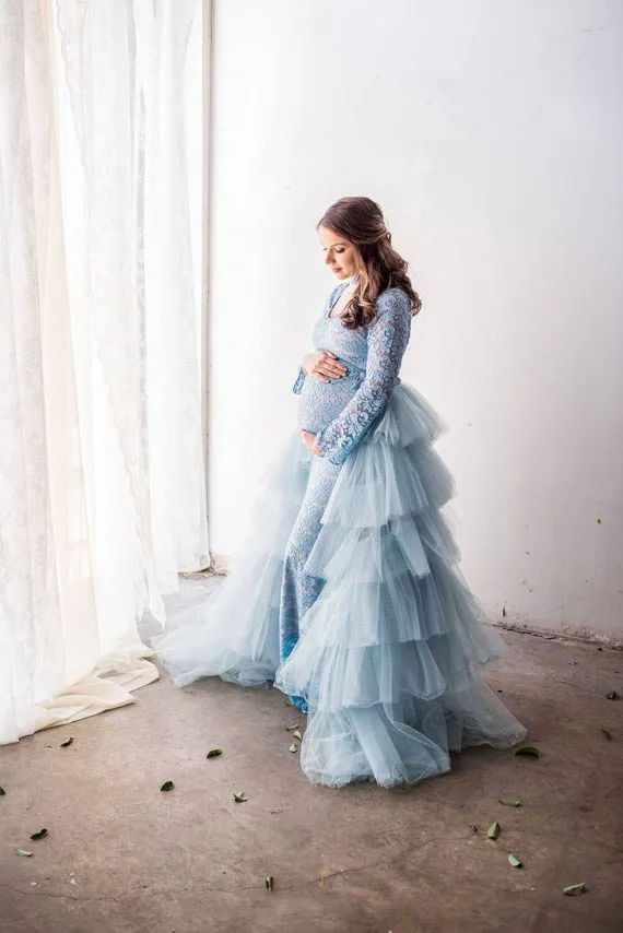 

Blue Tulle Skirt for Photo Shoot Chic Tiered Tulle Overskirts High Quality Women Maxi Long Overskirt Maternity Custom Made Skirt