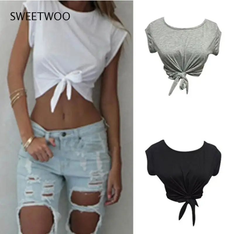 Summer Women Knotted Tie Front Crop Tops Cropped T Shirt Casual Sport Blouse Tanks Knotted Tie Front Crop Tops ropa mujer