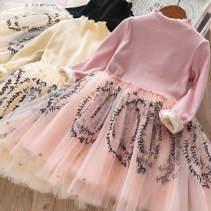 Трикотажное платье из флока с буквенным принтом и звездами для девочек Детские