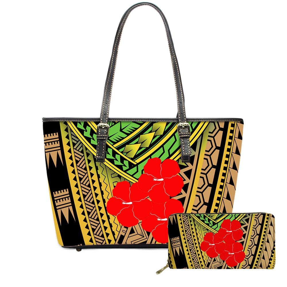 

Customized Hot Selling Women Handbag And Purse Set Hawaii Hibiscus Flower Polynesian Tribe Printing Lady Luxury Totes Bolsa