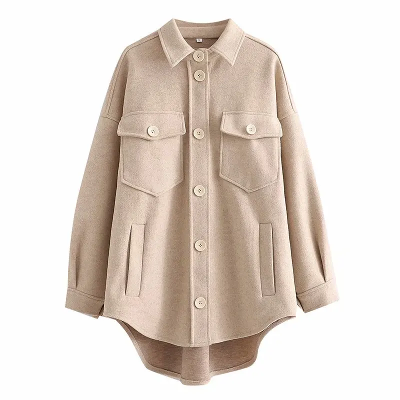 

Za New Autumn Woman Camel Loose Pocket Woolen Shirt Jacket Fashion Casual Ladies Long Sleeve Thick Blouse Coat Female Outwear