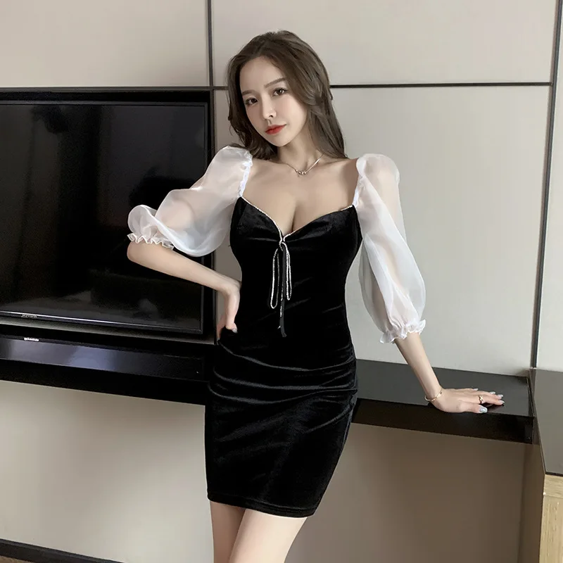 

2021 Korean women's style sexy dress bag hip dress tight backless short skirt fashion stitching transparent puff sleeve dress