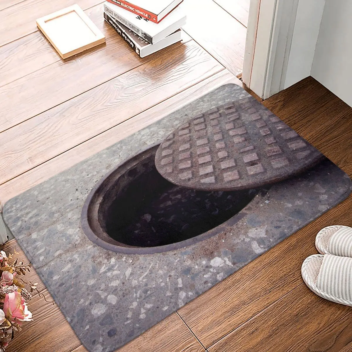 Manhole Cover Doormat Bathroom Rectangle Soft Entrance Hallway Mat Funny 3D Traps Anti-slip Floor Rug Foot Pad