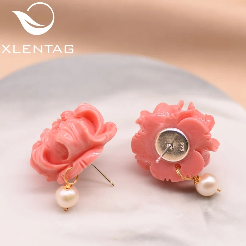 XlentAg Коралловая пудра серьги-гвоздики для женщин натуральный пресноводный белый жемчуг серьги Роскошные ювелирные украшения Aretes De Mujer GE0412