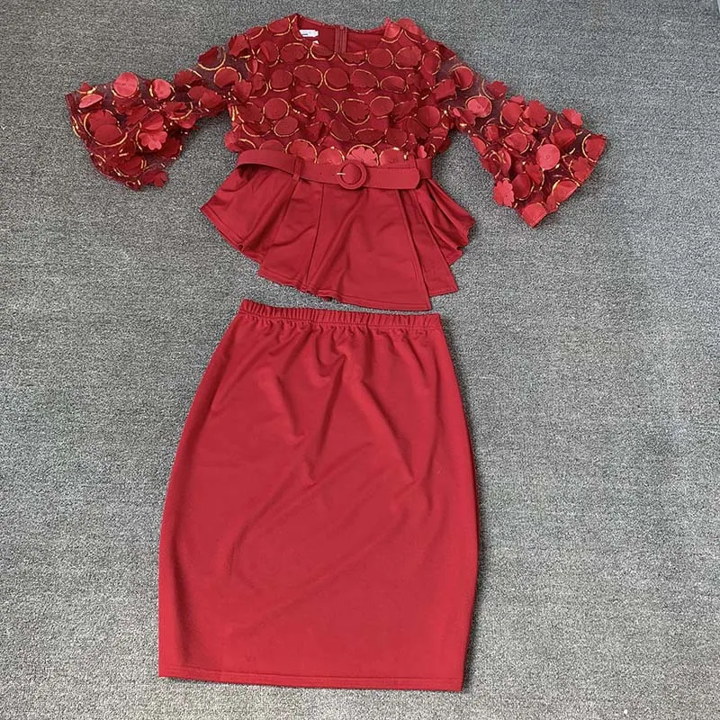 

African Women's Embroidered Two Piece Set Appliques Sequins Floral Sleeves Waist Belt Slim Fit Party Birthday Outfits Skirt Sets