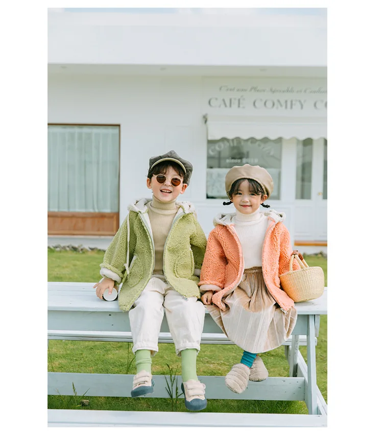 Winter fashion boys girls woolen hooded thick zipper jackets chilren loose oversized coats kids outwear