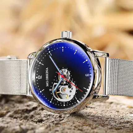 Reloj Hombre автоматические часы мужские s модные спортивные из нержавеющей стали сетки Группа скелет механические наручные часы для мужчин - Цвет: model A silver black