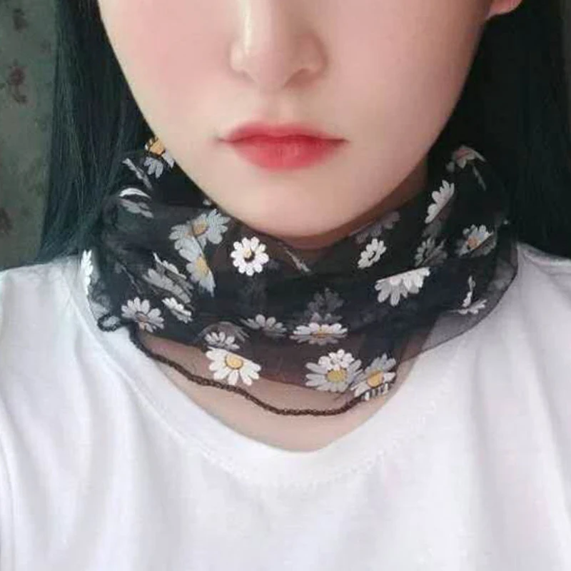 Женский шифоновый сетчатый кружевной шейный шарф с маленькой маргариткой