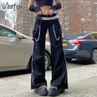 Женские брюки-карго Waatfaak, черные широкие штаны с заниженной талией, на молнии, с цепочкой, в готическом стиле