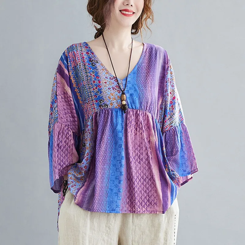 

Women Cotton Linen Casual T-shirts New Arrival 2021 Summer Vintage Style V-neck Print Loose Female Tops Tees S3806