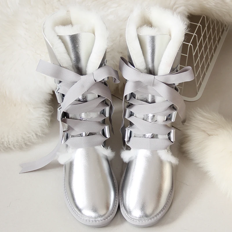 Beli Baru Kulit Domba Sepatu Bot Salju Australia Lutut Tinggi Musim Dingin Wol Alami Boots Domba Sepatu Bulu Lutut Busur Flat Wanita Sepatu Bot Panjang