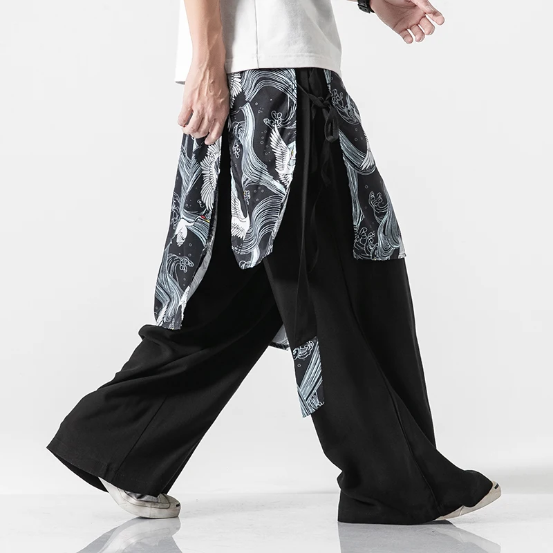 

Large Chinese-Style Cotton and Linen Loose Pants Dark Black Wide Leg Pants Crane Printed Streamer Fairy Ancient Elegant Trousers