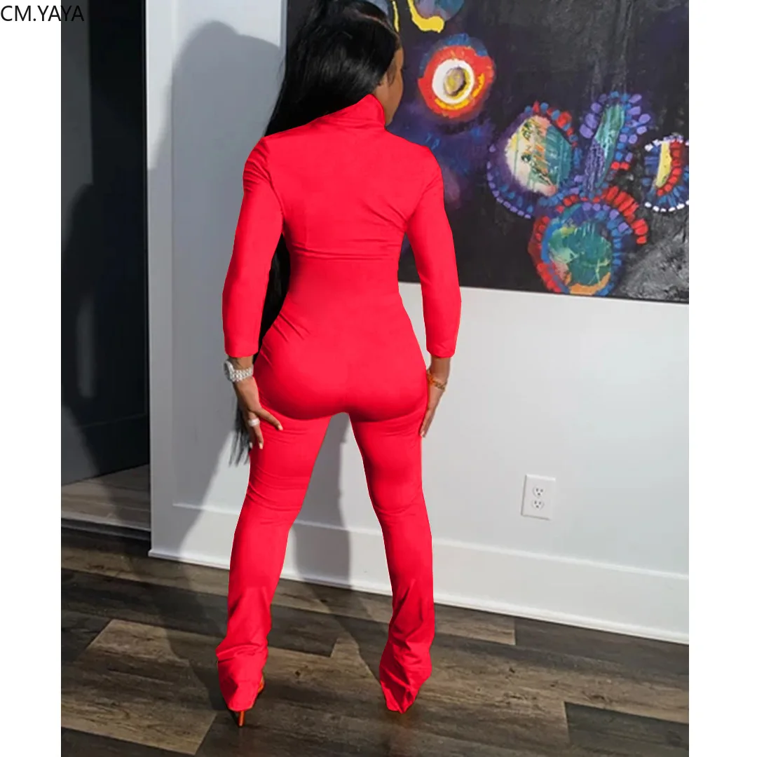 CM.YAYA Women Striped Patchwork Long Sleeve Zipper Up Wide Leg Flare Jumpsuit Bellbottoms One Piece Overalls Active Wear Rompers |